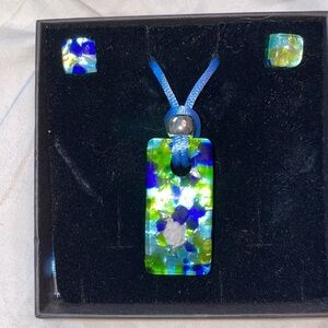 Murano Glass green blue sea flower necklace earring set resort vacation Y2K